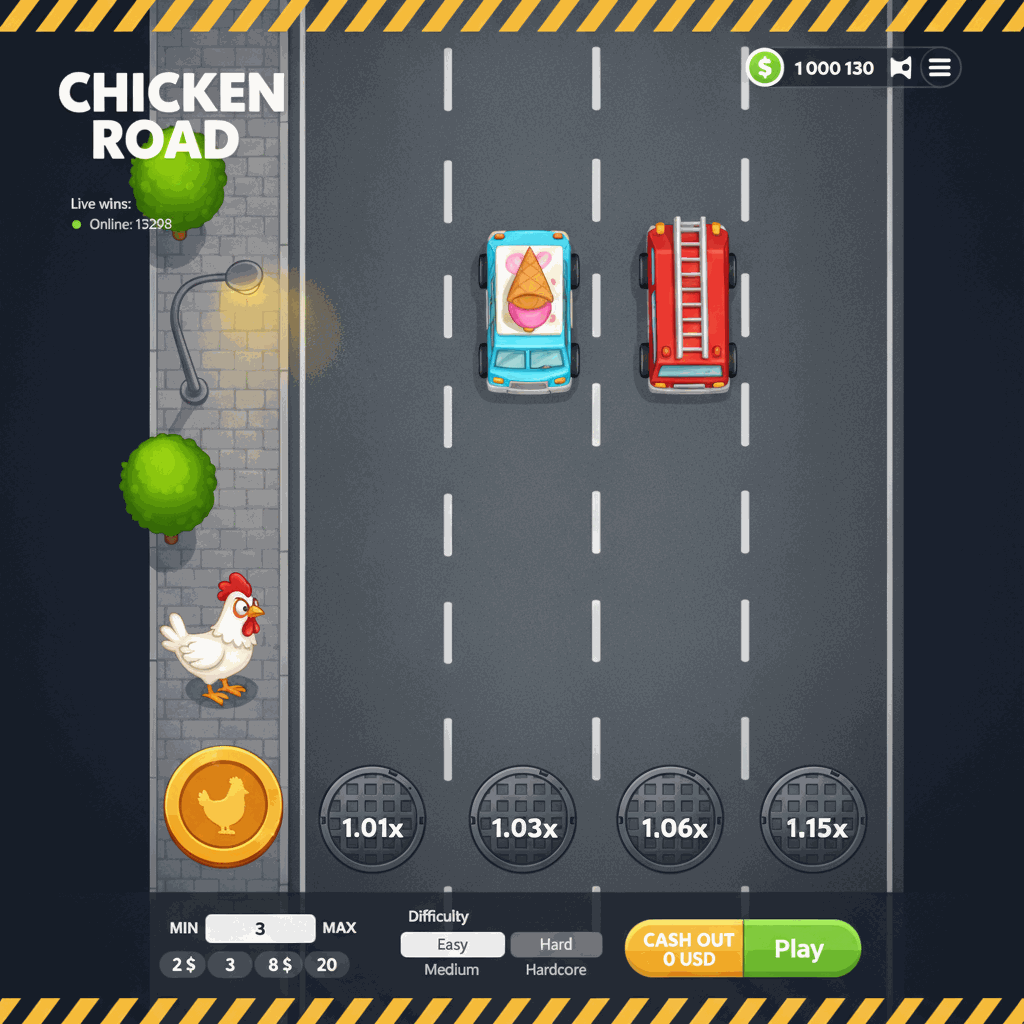 Chicken Road crash game by InOut showing a cartoon white chicken with red comb attempting to cross a multi-lane road viewed from above, with manhole covers displaying multiplier values on grey asphalt lanes separated by white dashed lines, street lamp and green trees on left sidewalk